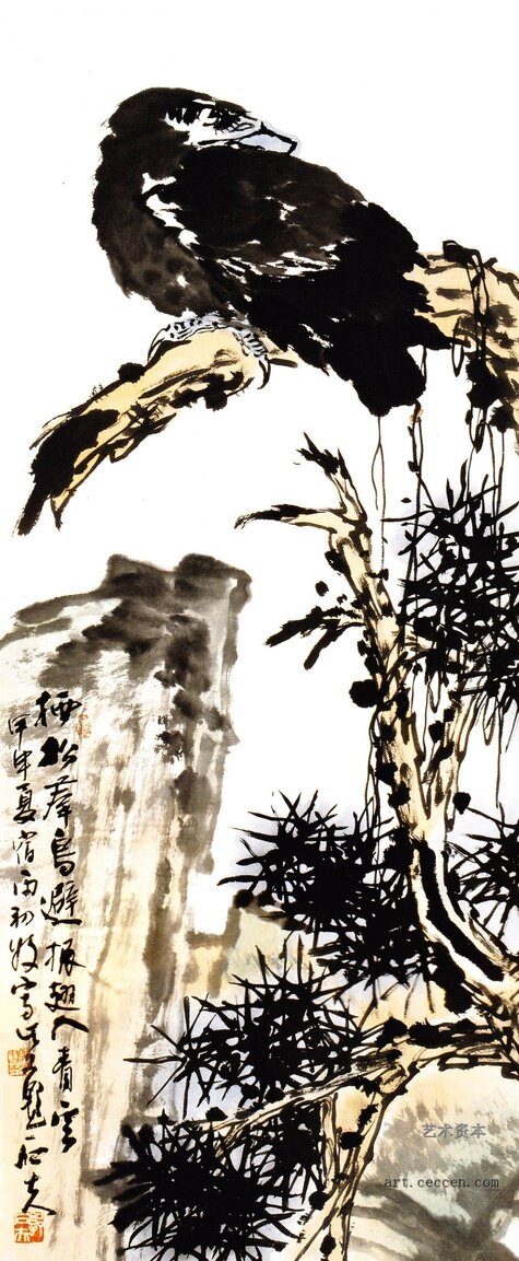 栖松群鸟避 138x60cm 纸本墨笔 2004年 郭石夫